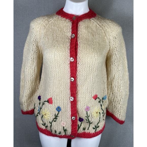 VTG Mohair Blend Cardigan Womens Hand Knit Sweater Italy Embroidered Small / Med - Picture 1 of 14